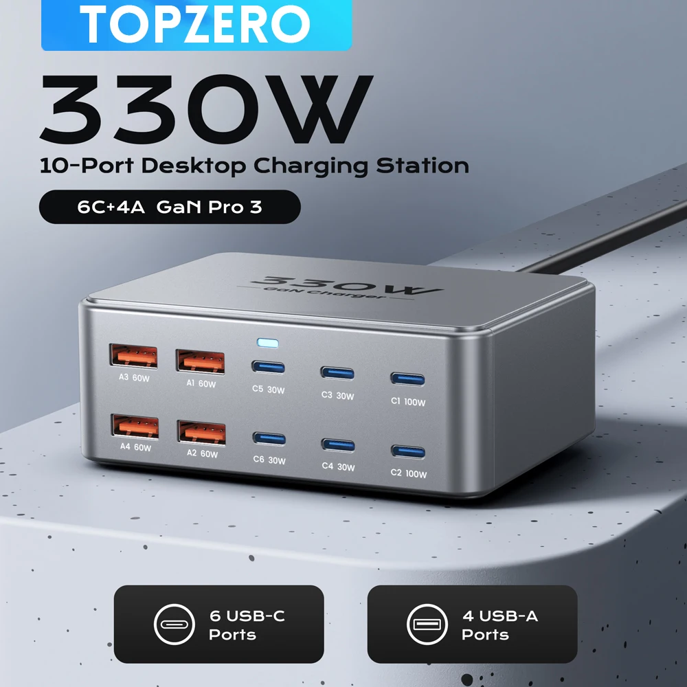 Charger 330W USB C GaN 100W PD3.0 PPS QC3.0 Multiport Fast Charging Station For Laptop iPhone 15 16 Macbook Pro Tablet
